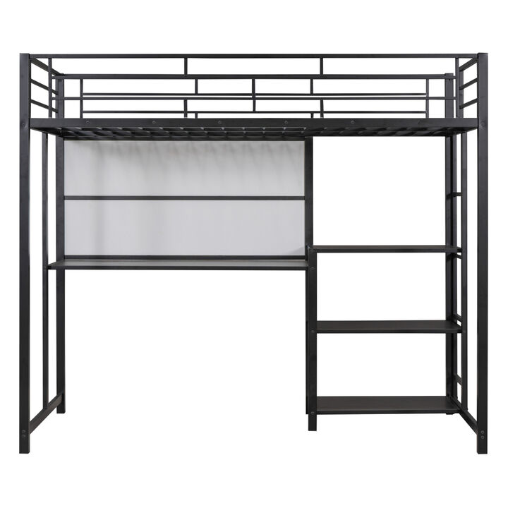 Twin Size Loft Bed With Desk And Board, Metal Loft Bed With 3 Shelves And Ladder