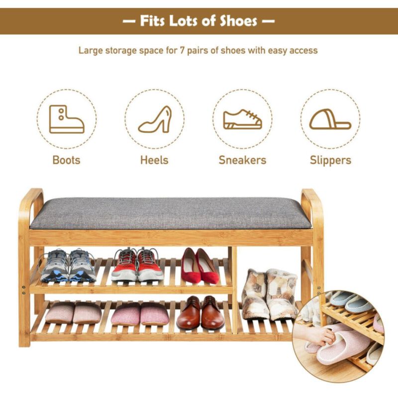 Hivvago 3-Tier Bamboo Shoe Rack Bench with Cushion-Natural