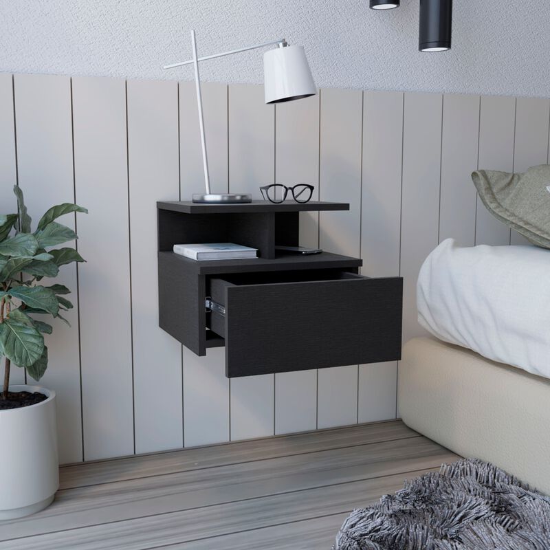 Adele Floating Nightstand with Drawer and Open Storage Shelves- White