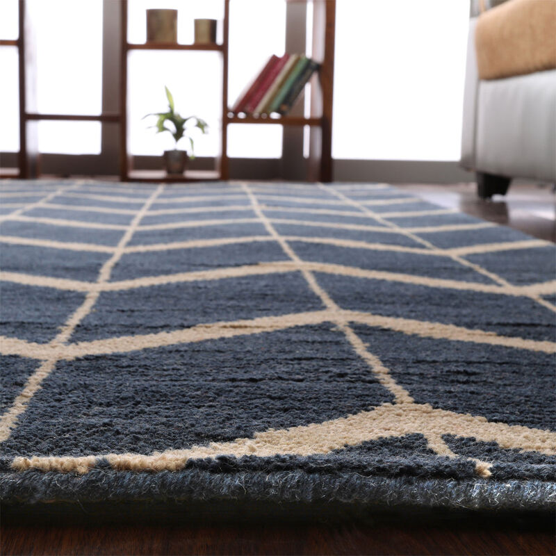 HAND KNOTTED WOOL Geometric AREA RUGS  - 10'x14', Rectangle Shape, Blue Beige Color, Geometric Modern, Medium Pile Handmade Area Rugs for Living Room, Bed Room (N01052)