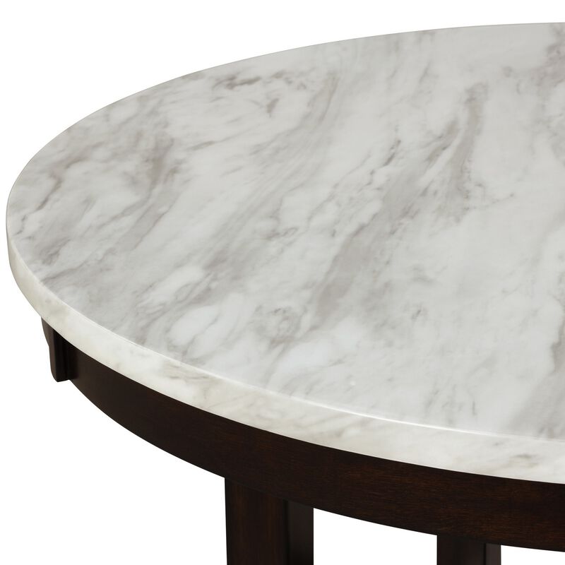 Kate 42 Inch Round Counter Table, Faux Marble Top, White, Espresso-Benzara