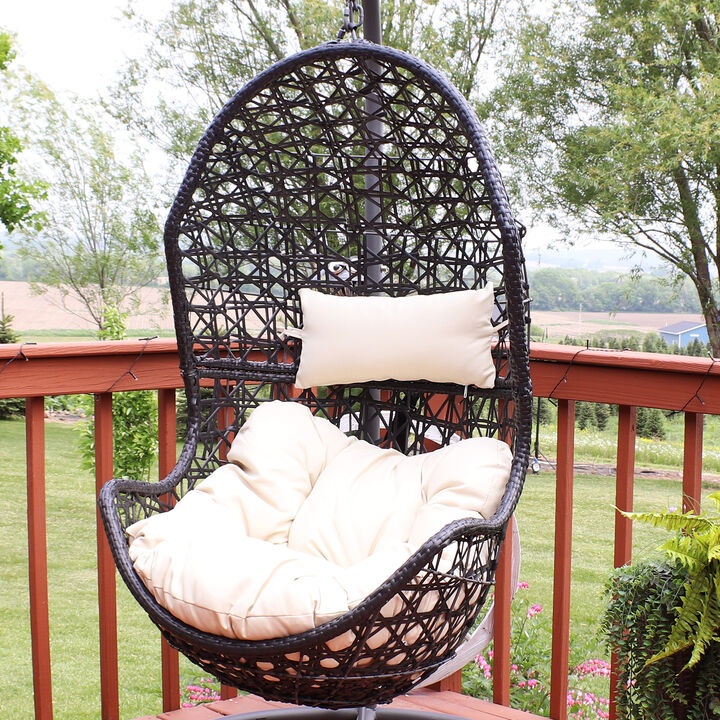 Sunnydaze Black Resin Wicker Basket Hanging Egg Chair with Cushions