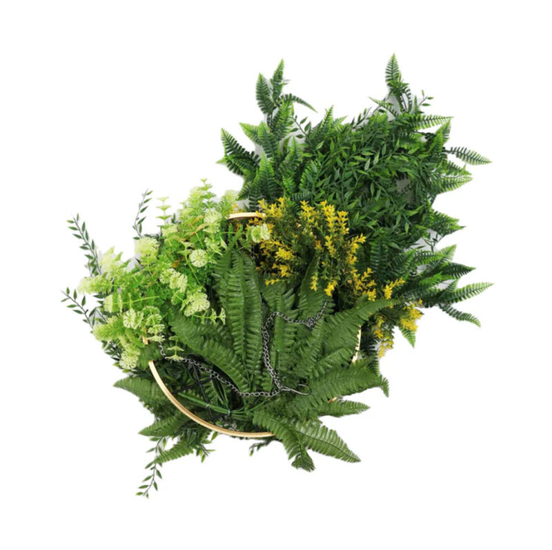 Gold Framed Roof Hanging Disc With Bright Tropical Folaige Mix and Draping Ferns 15.75" UV Resistant