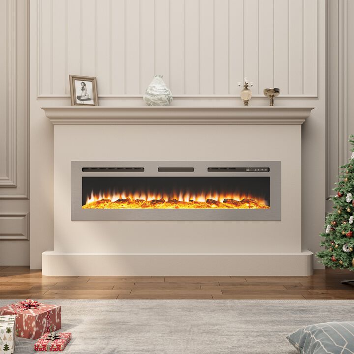 60 in. Wall Mounted and Recessed Stainless Steel Electric Fireplace in Silver