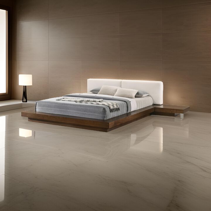 Nia Queen Size Bed, Gray Faux Leather, Walnut Brown Low Profile Platform  - Benzara