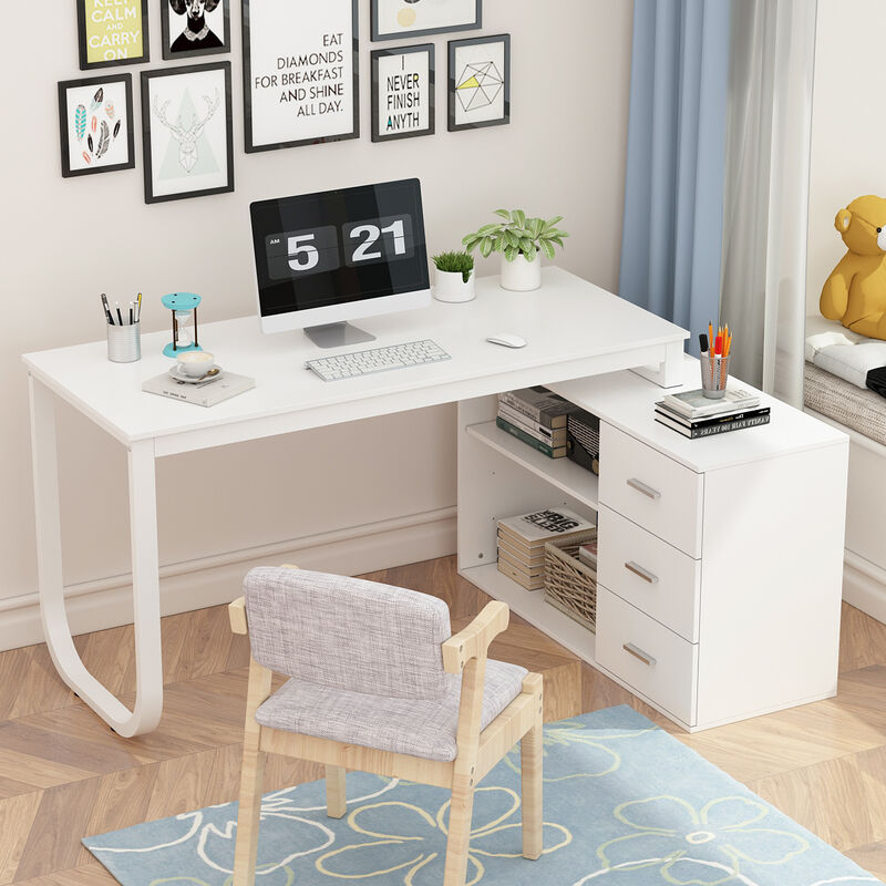 55.1 in. L-Shaped White Wood Writing Desk Corner Gaming Desk With 2-Tier Shelves and 3-Drawers Home Office Use