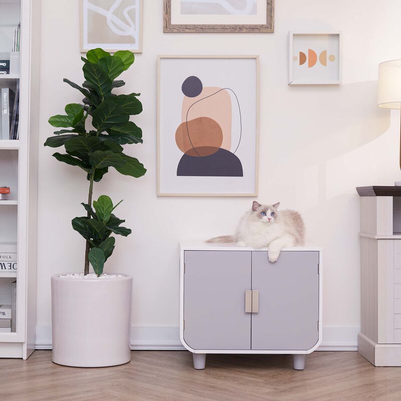 Teamson Pets Dyad Mid Century Wooden Cat Litter Box Cabinet and Side Table, Alpine White