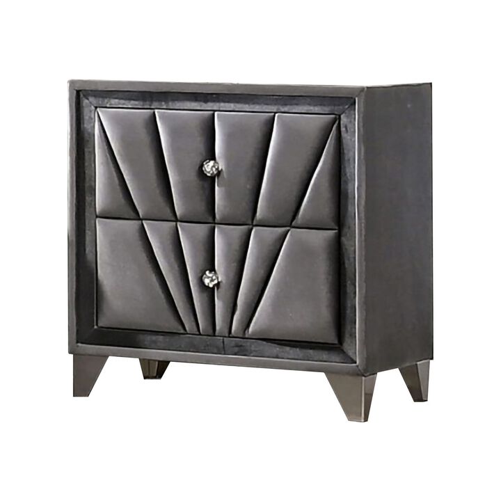 2 Drawer Fabric Frame Nightstand with Tufted Accent, Gray-Benzara