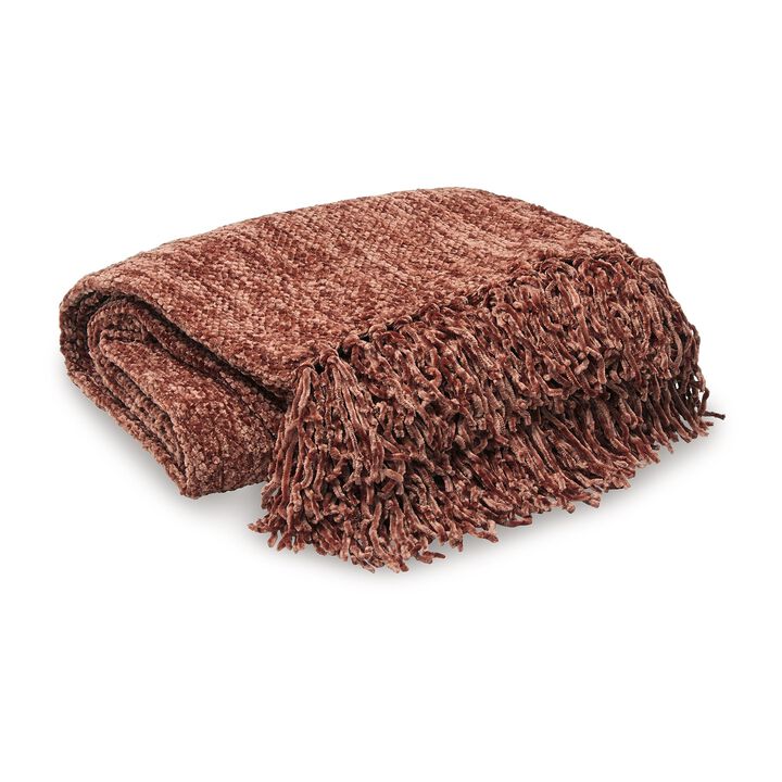 Emily Throw Blanket Set of 3, Textured Woven Knotted Fringe, Red Polyester - Benzara