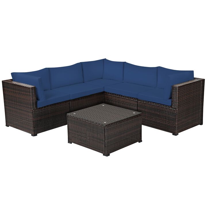 6 Pieces Patio Rattan Furniture Set Sectional Cushioned Sofa Deck