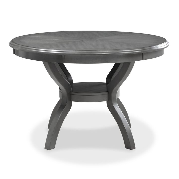 Ceri 5 Piece Round Dining Table and Chair Set, Gray Wood, White Fabric - Benzara