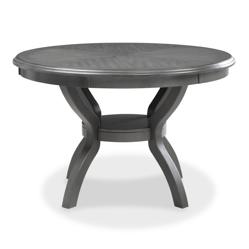 Ceri 5 Piece Round Dining Table and Chair Set, Gray Wood, White Fabric - Benzara