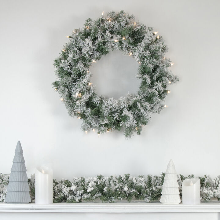 Pre-Lit Flocked Victoria Pine Artificial Christmas Wreath - 24-Inch  Clear Lights