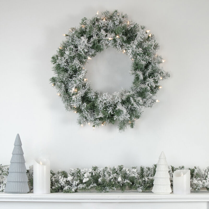 Pre-Lit Flocked Victoria Pine Artificial Christmas Wreath - 24-Inch  Clear Lights