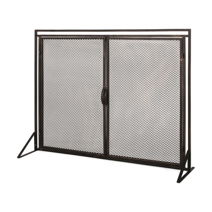 31x40 Fireplace Screen, 2 Door Diamond Mesh Design, Black Bronze Iron -Benzara