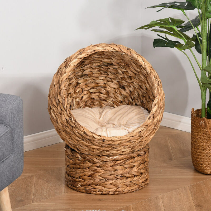 Cozy Cat Cocoon: Brown Wicker Egg-Shaped Elevated Feline Bed
