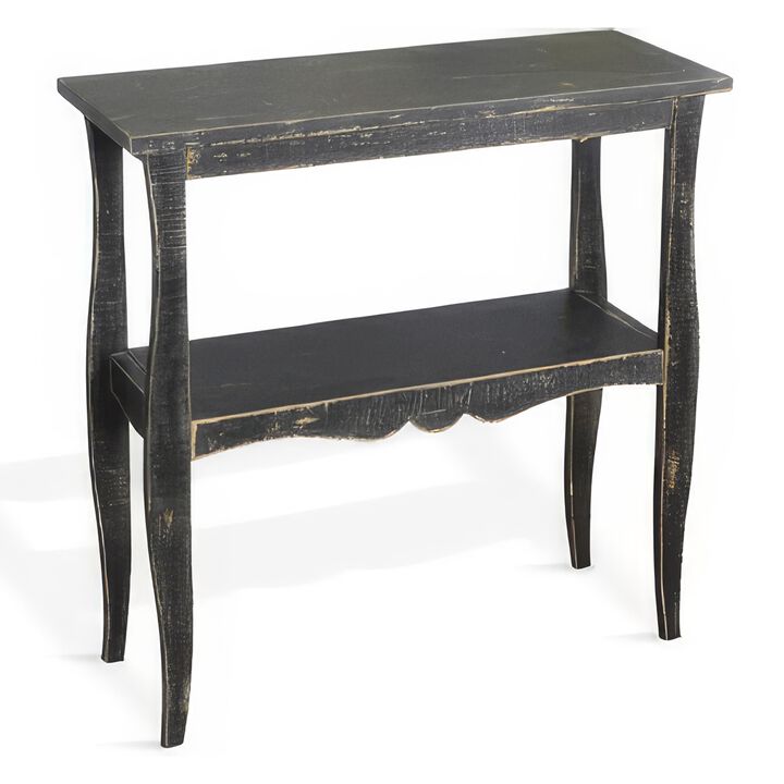 Rena Side End Table with Scallop Trim, 28 Inch Rustic Black Mahogany - Benzara
