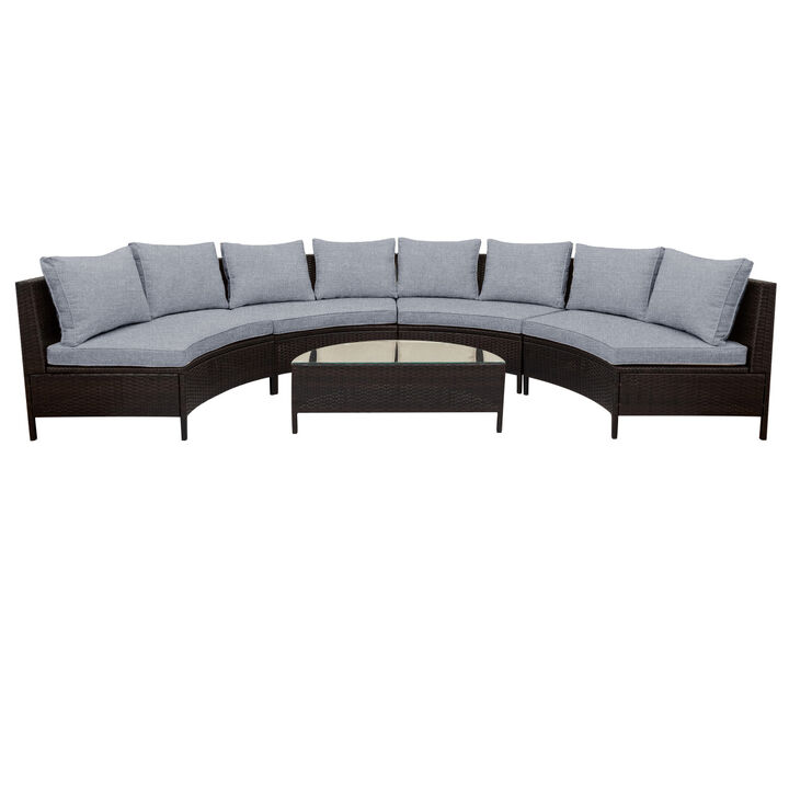 5 Pieces All-Weather Brown PE Rattan Wicker Sofa Set Outdoor Patio Sectional Furniture Set Half-Moon Sofa Set with Tempered Glass Table, Gray