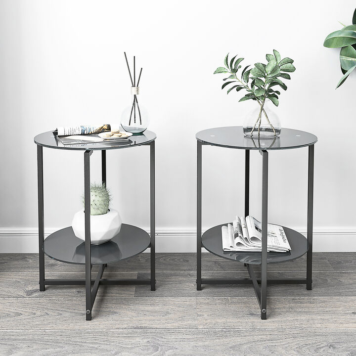 2-Piece Set (Black) Tempered Glass End Table, Round Coffee Table For Bedroom Living Room Office