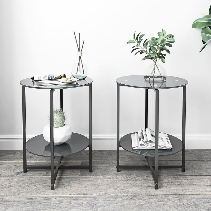 2-Piece Set (Black) Tempered Glass End Table, Round Coffee Table For Bedroom Living Room Office