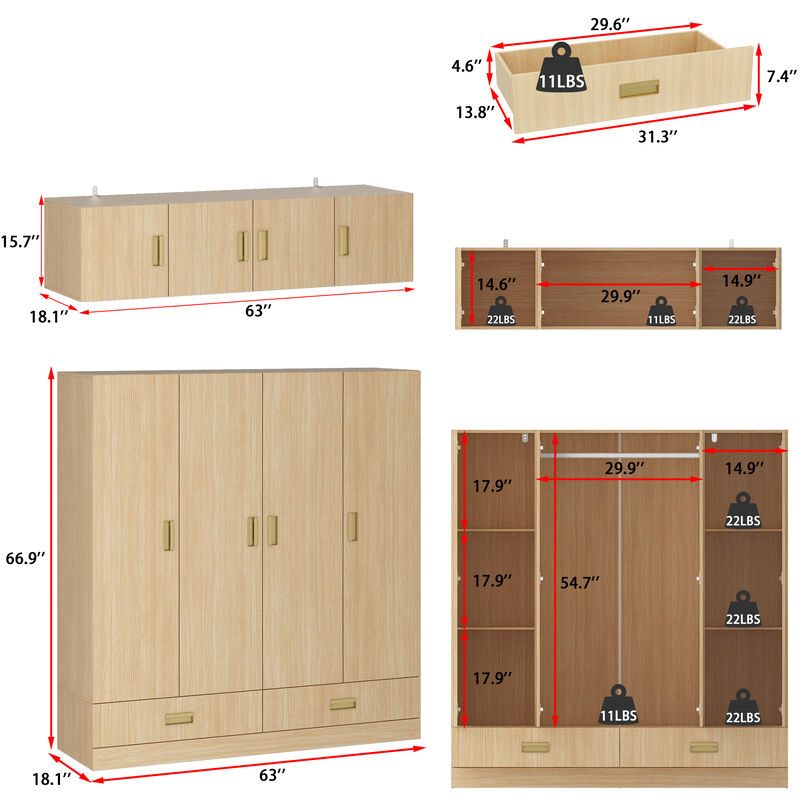 FUFU&GAGA Natural Wood 4-Door Wardrobe, MDF & Rubberwood Construction (63" W x 66.9" H x 18.1" D), Natural Wood Finish