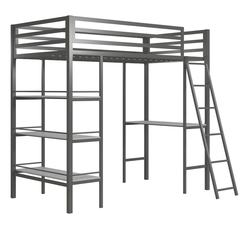 Nova Metal Loft Bed with Desk and Storage Shelves, Graphite Gray