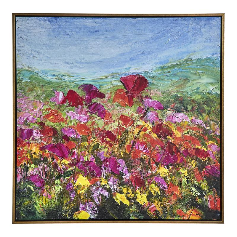 37 x 37 Handcrafted Wall Art Poppies Hillside on Framed Canvas, Gold Red - Benzara
