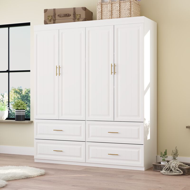 FUFU&GAGA 4-Door Wardrobe Closet with 4 Drawers, Cube Storage, and Hanging Rod - Coastal Style White Armoire Wardrobe Cabinet,(63" W x 20.6" D x 74.2" H),White