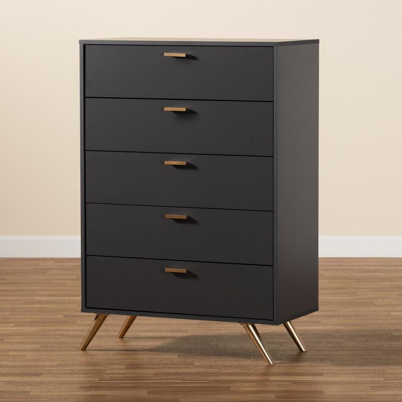 Baxton Studio Kelson Modern and Contemporary Dark Grey and Gold Finished Wood 5-Drawer Chest
