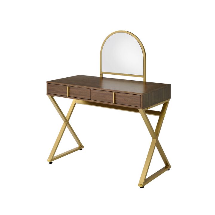 ACME Coleen Vanity Desk w/Mirror & Jewelry Tray, Walnut & Gold Finish