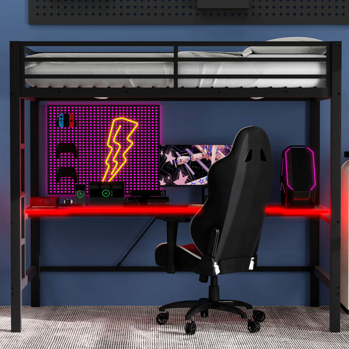 Merax Gaming Metal Loft Bed Frame with LED Light and Desk