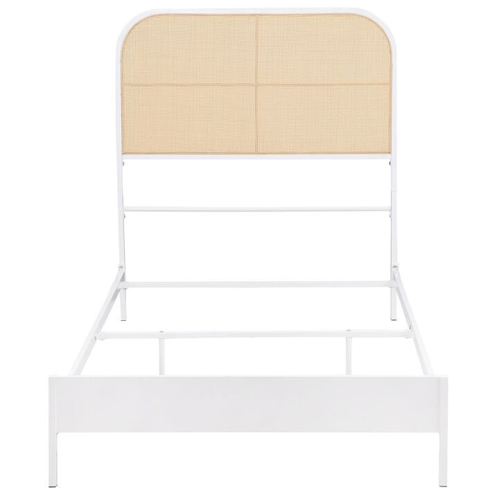 Ammy Twin Bed, Radio Weave Headboard, Brown Faux Rattan, White Metal  - Benzara