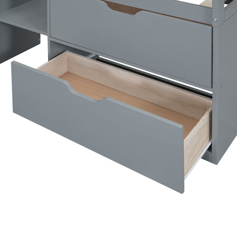 Merax Low Loft Bed with Rolling Desk and Drawers