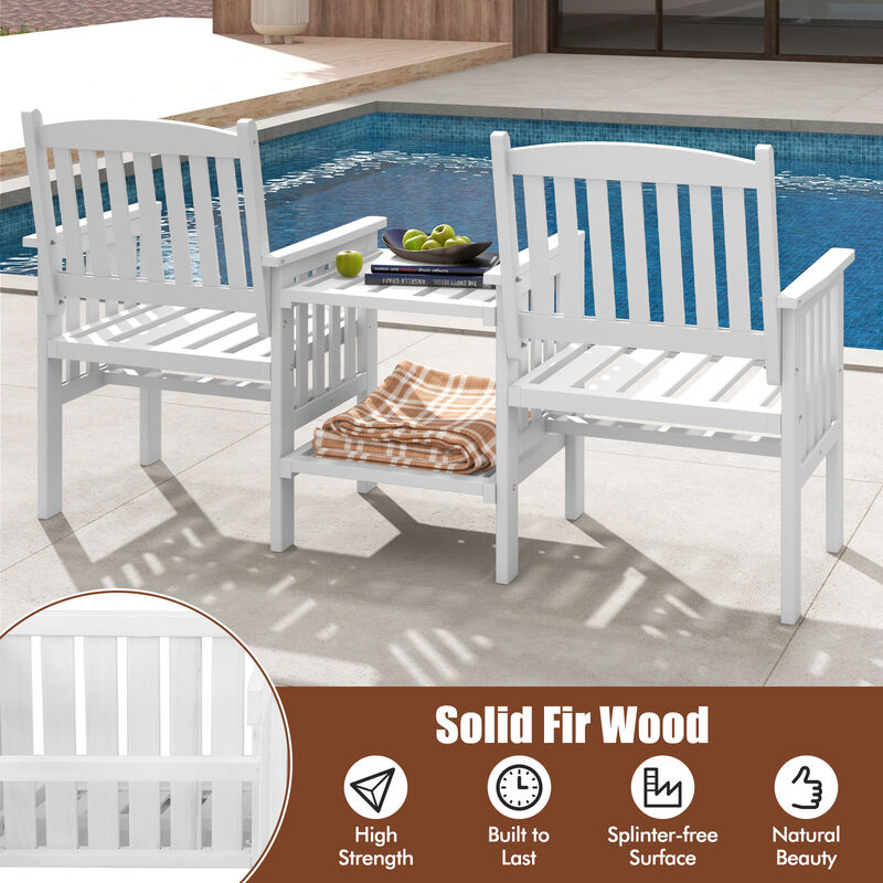 Outdoor Fir Wood Loveseat with 2-Tier Side Table and Umbrella Hole