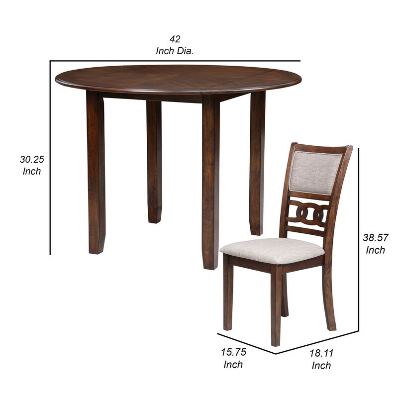 3pc 42 Inch Dining Table Set, Extendable Drop Leaves, 2 Chairs, Brown - Benzara