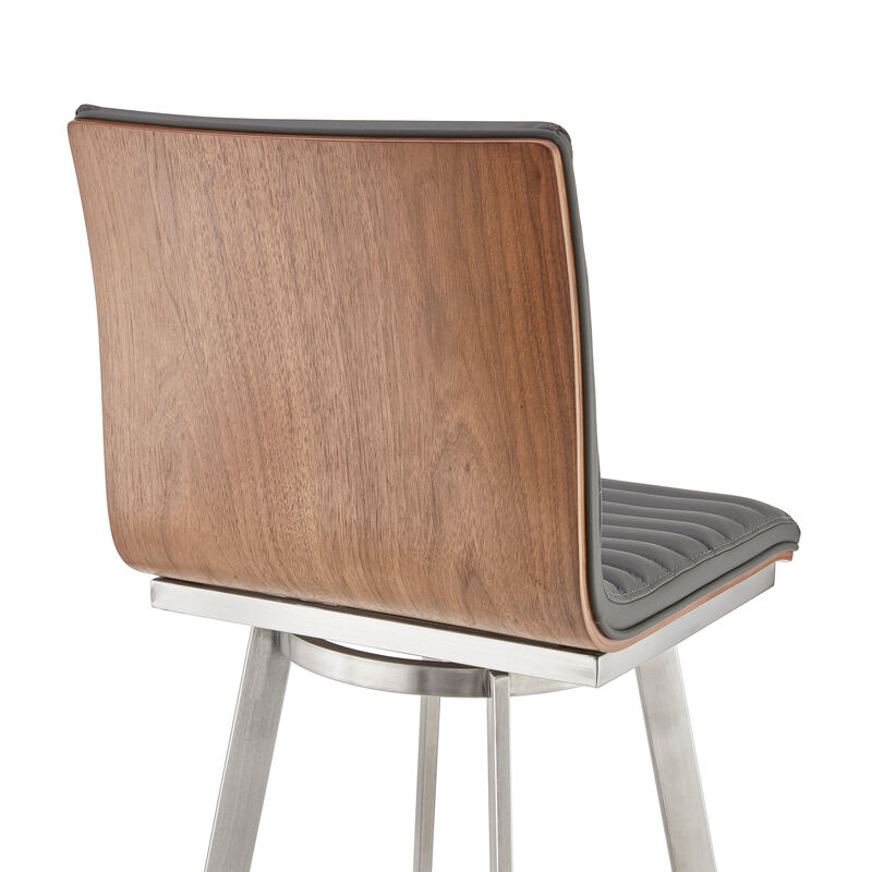 Jermaine Bar Height Swivel Bar Stool in Brushed Stainless Steel Finish and Gray Faux Leather