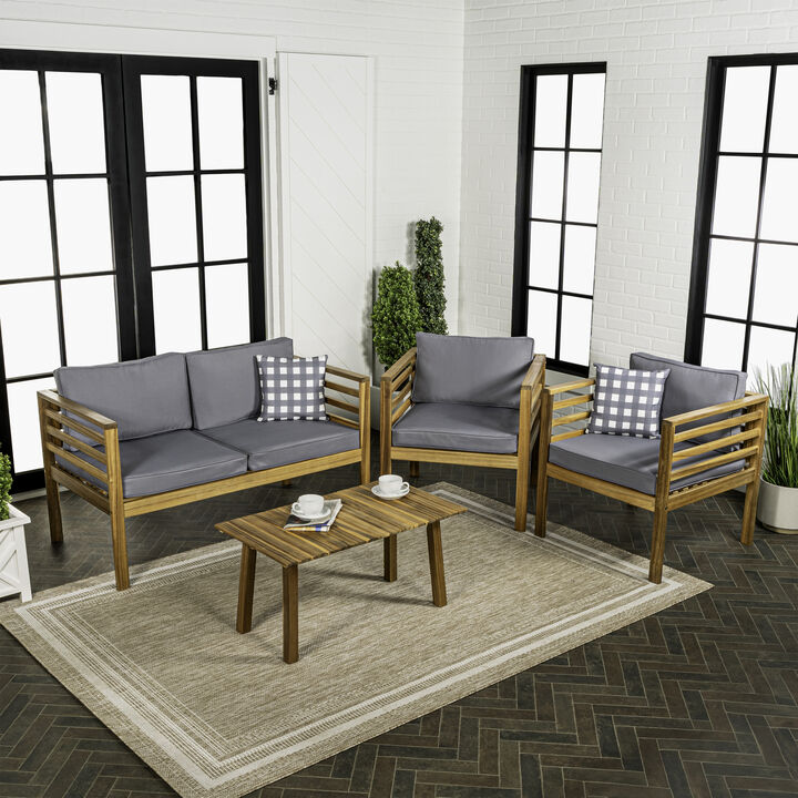 Thom 4-Piece Mid-Century Modern Acacia Wood Outdoor Patio Set with Cushions and Plaid Decorative Pillows