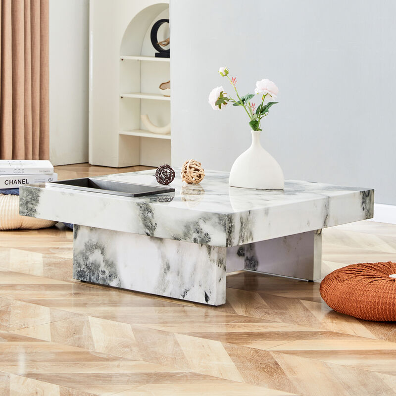 Elegant Black and White Marble Coffee Table 31.4" Square