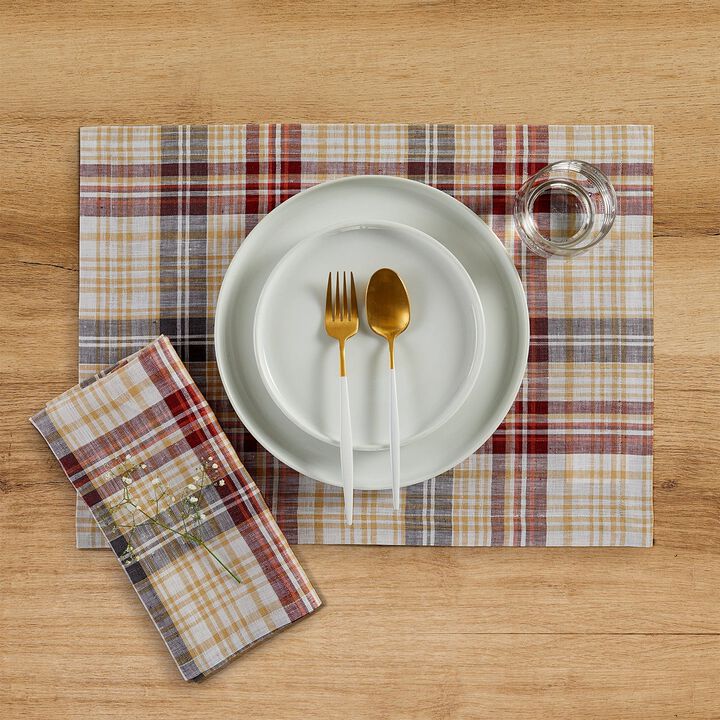 Solino Home 100% Pure Linen Dinner Napkins | Autumn Plaid for Spring & Easter