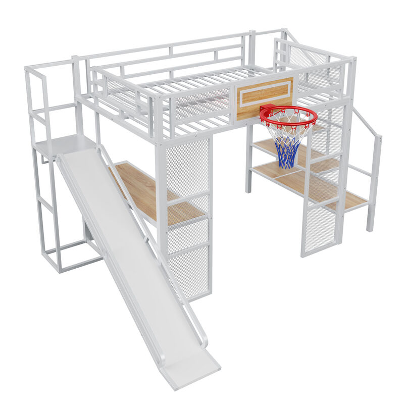 Merax  Metal Loft Bed with Desk and Open Wardrobe
