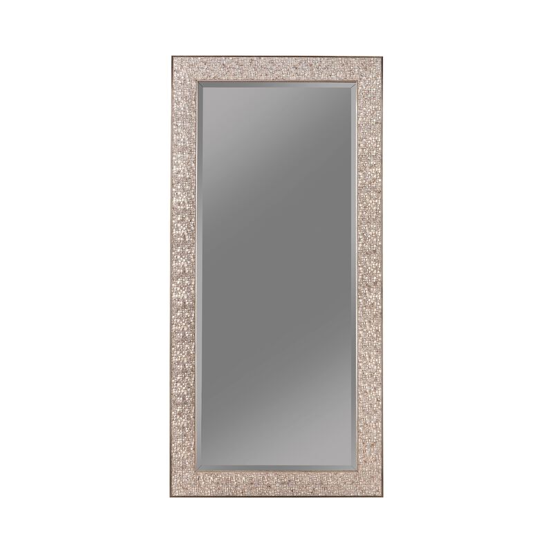 Rectangular Beveled Accent Floor Mirror with Glitter Mosaic Pattern, Silver-Benzara