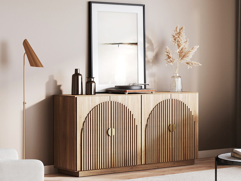 BELLEZE 65 Inch Fluted Buffet Cabinet with Storage, Symmetrical Arc Accent Sideboard Large Console Table for Dining Room, Kitchen, and Living Room (Caramel Brown)