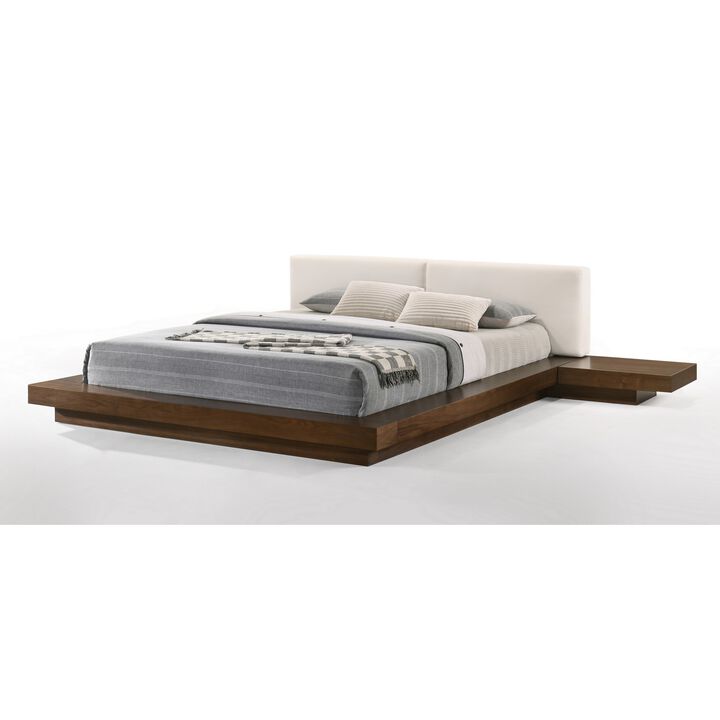 Nia Queen Size Bed, White Faux Leather, Walnut Brown Low Profile Platform  - Benzara