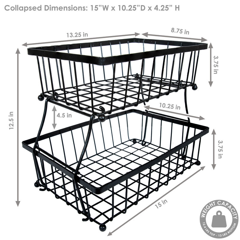 Sunnydaze 2-Tier Metal Wire Collapsible Tabletop Storage Basket - Black