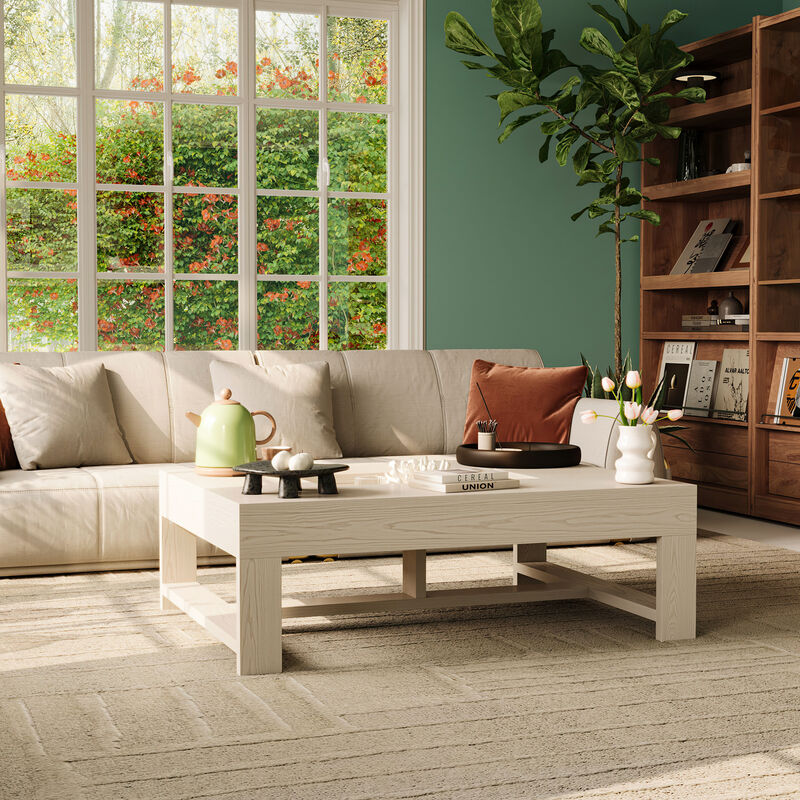 FUFU&GAGA Modern White Wood Coffee Table – Solid Wood, Spacious Tabletop with Built-in Storage, Sturdy Frame (47.2" W x 35.4" D x 15.8" H), White