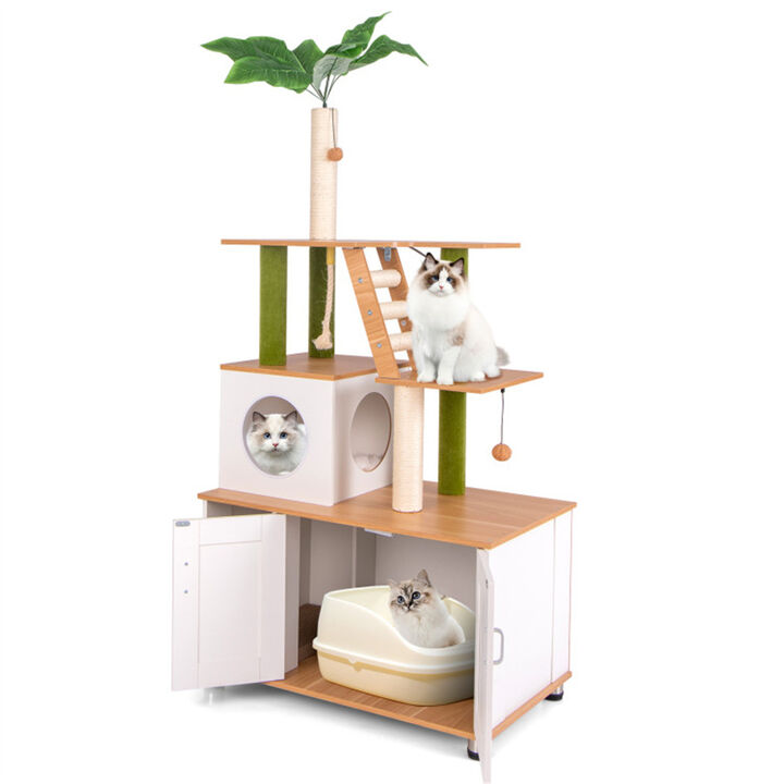 Multi-Level Cat Tree Tower with Scratching Posts, Perches, and Storage Cabinet for Cats