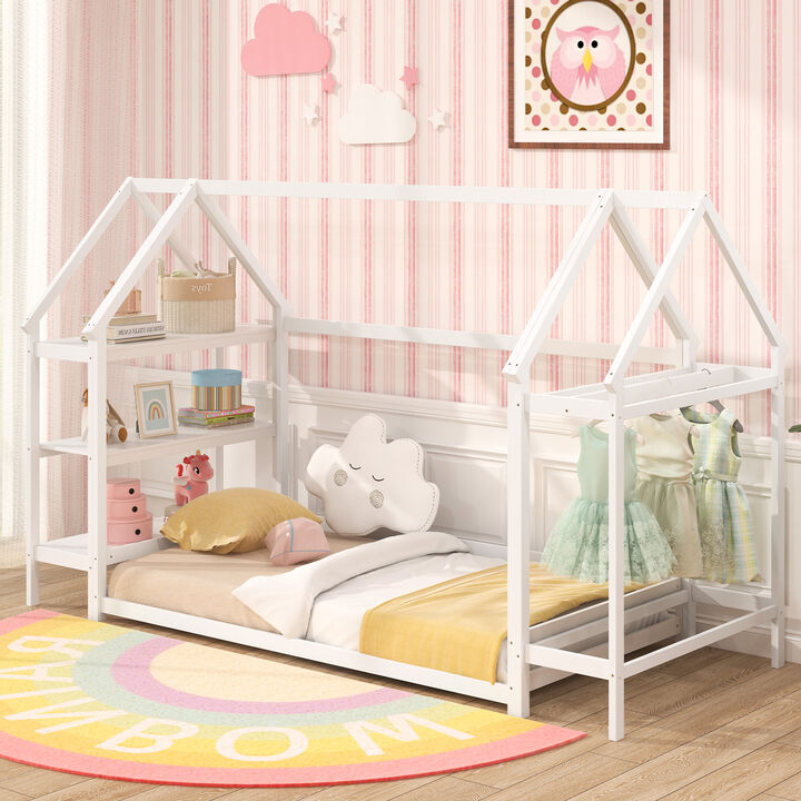 Montessori Floor House Bed with Detachable Storage Shelves