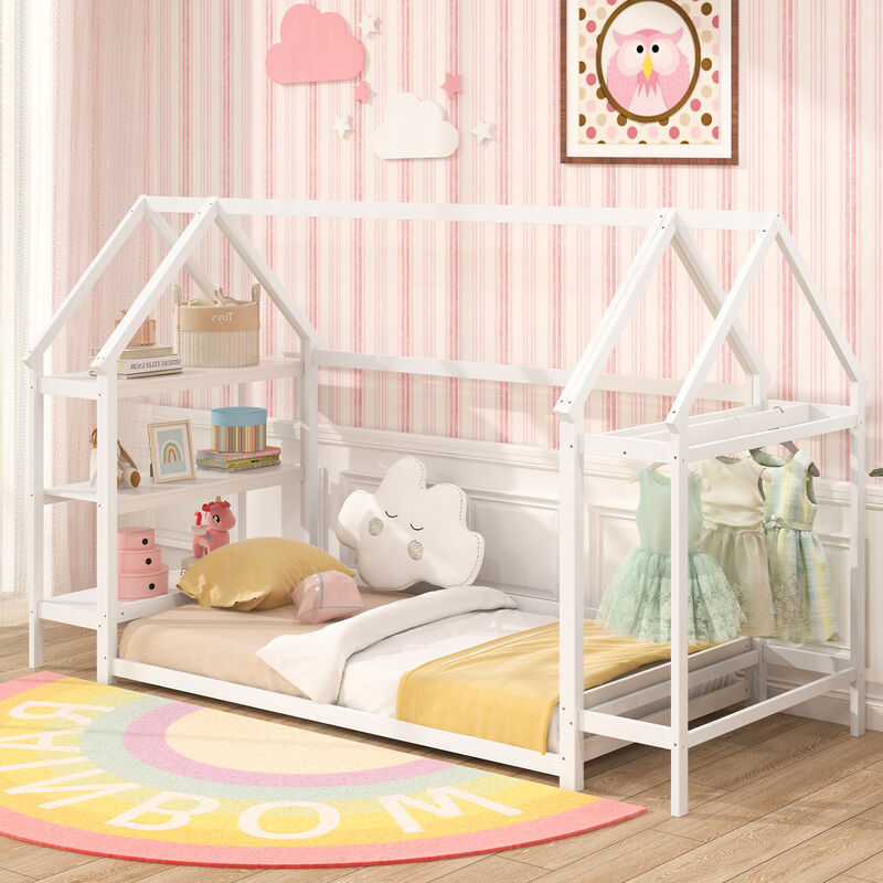 Montessori Floor House Bed with Detachable Storage Shelves