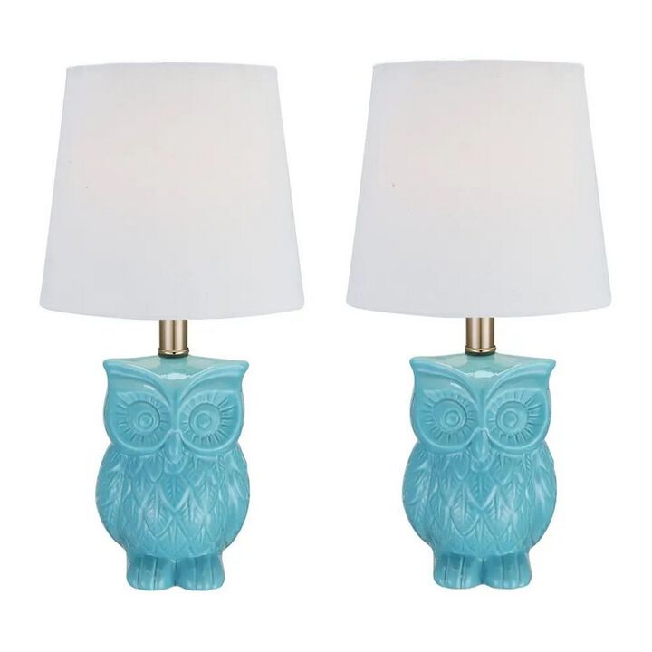 18 Inch Table Lamp with Owl Stand, Set of 2, Ceramic, Aqua Haze Finish-Benzara