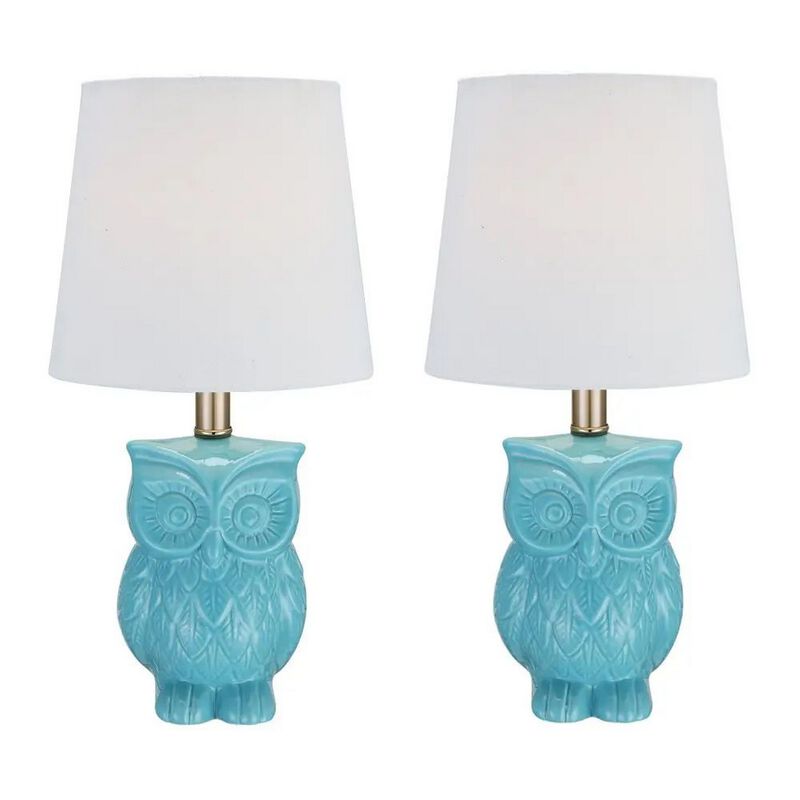 18 Inch Table Lamp with Owl Stand, Set of 2, Ceramic, Aqua Haze Finish-Benzara